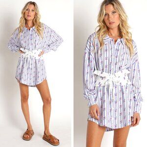 NWT For Love & Lemons Dahlia Boyfriend Shirt Corset Belt Blue White Floral